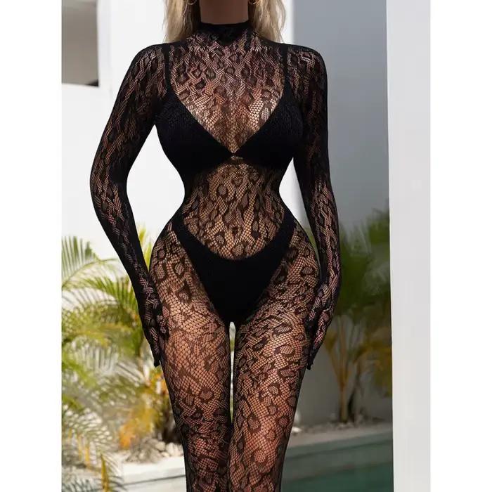 Body transparent en dentelle pour femmes, combinaison en résille à manches longues, élastique, pour 