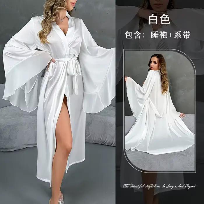 Longue Robe de mariée à oiseaux, Kimono blanc, vêtements de nuit amples, Sexy, grande manches en den