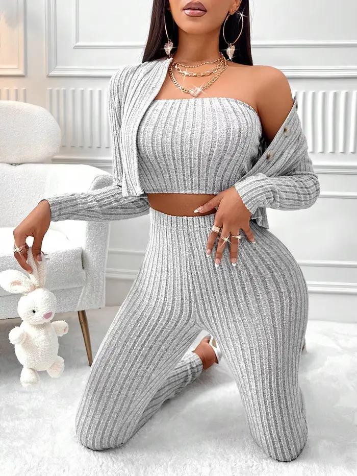 Ensemble 3 pièces de camisole, veste à boutons sur le devant et leggings de couleur unie