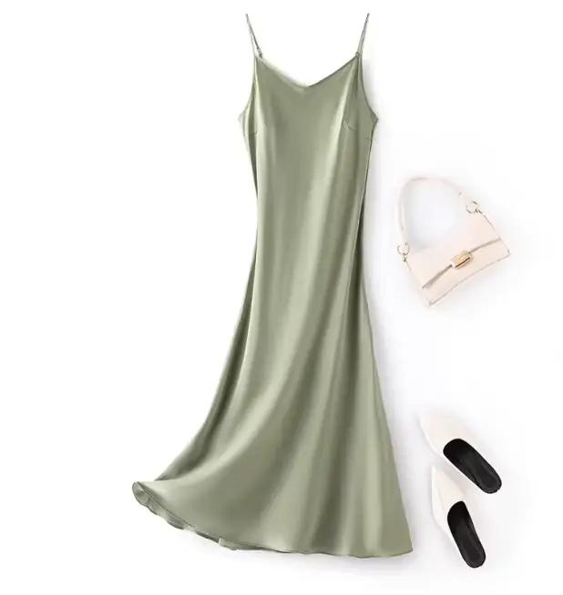 Chemise de nuit en soie charmeuse 100% soie de mûrier 22 momme, couleurs unies, robe midi pour femme
