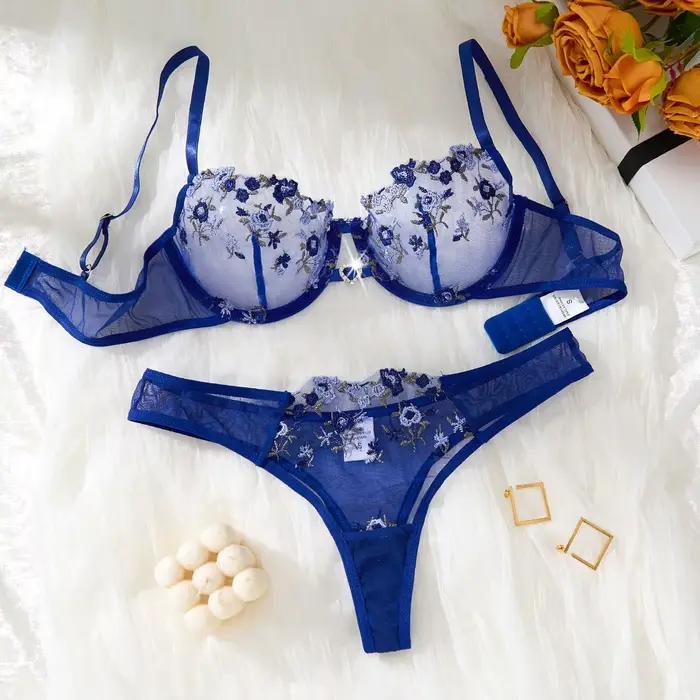 Ensemble de lingerie brodée de fleurs bleu royal pour femmes, soutien-gorge push-up demi-coupe et st
