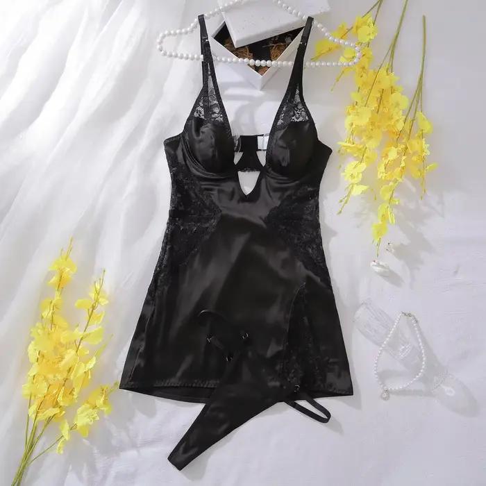 Robe Sexy en Satin à col en V, Lingerie Sexy en dentelle, Patchwork, fendue, robe de nuit pour femme