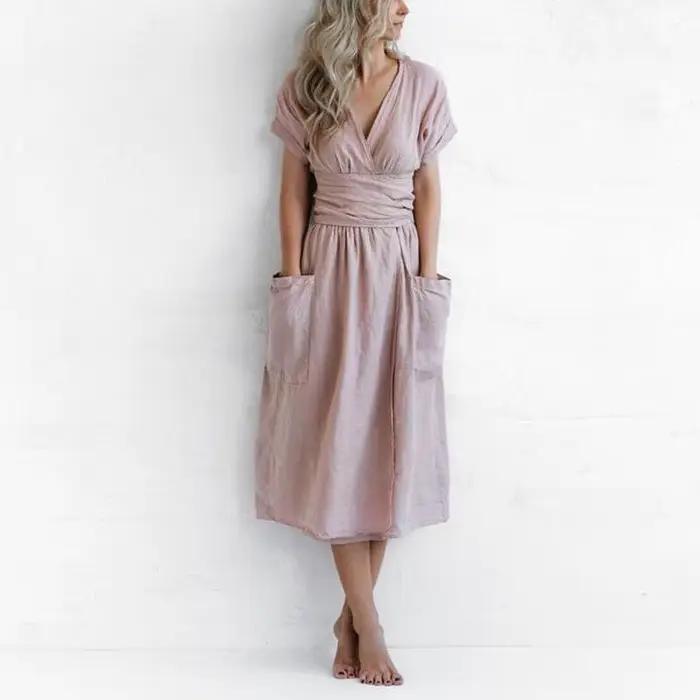 NHKDS.co.jp-Robe de nuit en coton et lin pour femmes, vêtements pour la maison, poches décontractées