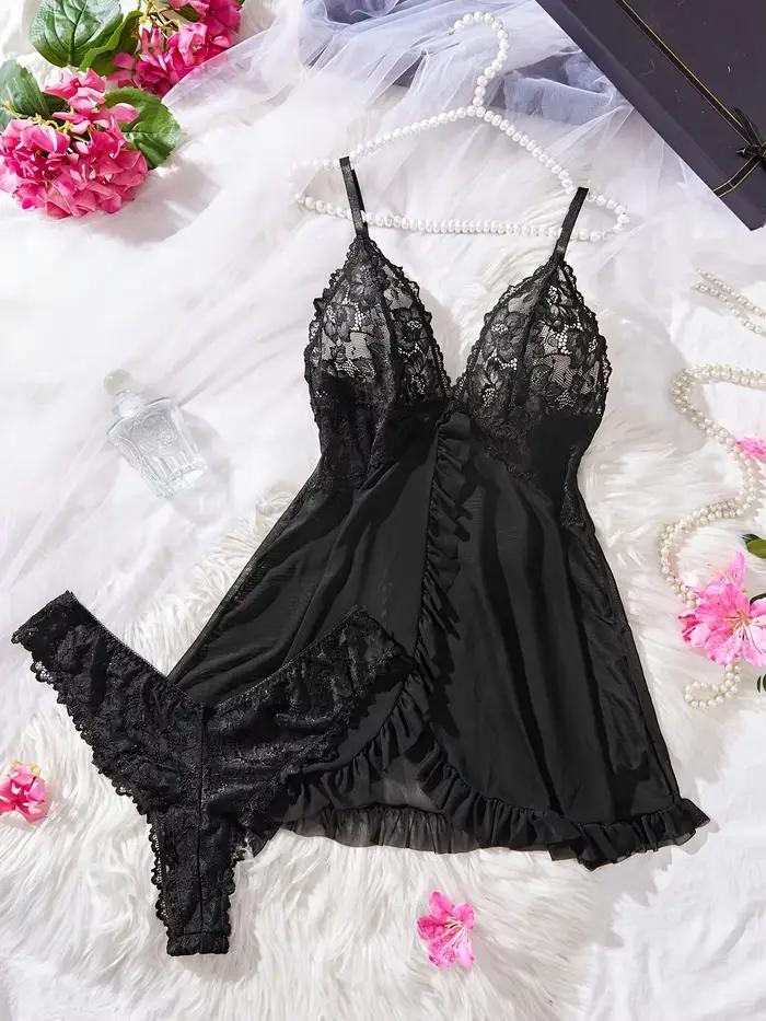 Ensemble de Lingerie Sexy en dentelle pour femmes, chemise de nuit rouge avec culotte assortie, Cami