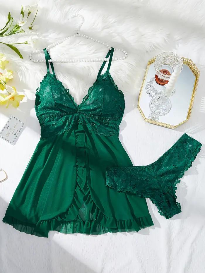 Chemise de nuit d'été pour femme, sexy, transparente, en dentelle rouge, ensemble nuisette et culott