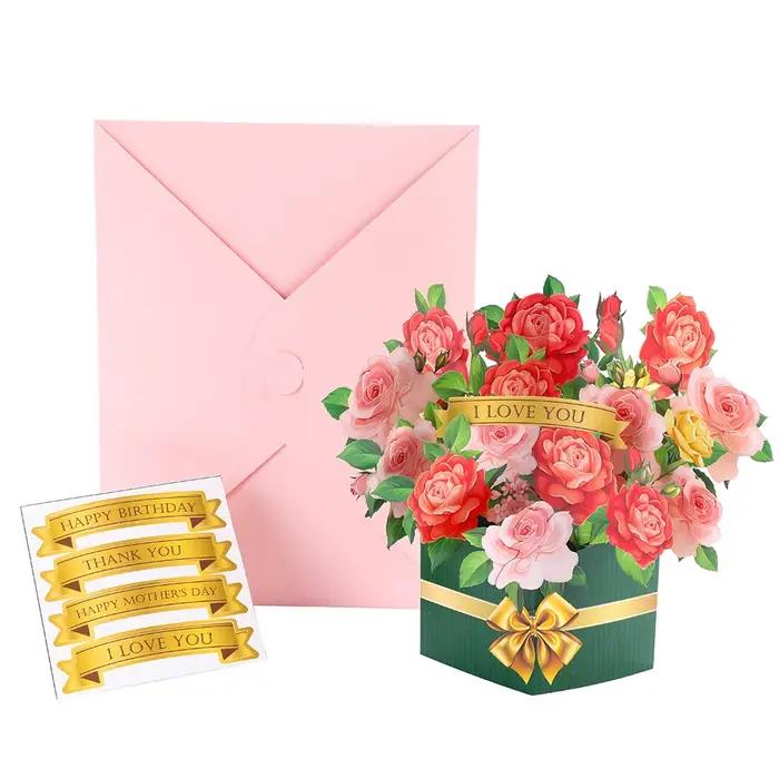 Carte pop-up 3D pour la fête des mères, bouquet de fleurs, carte de vœux pour maman, cadeau artisana