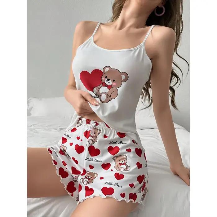 Ensemble pyjama d'été imprimé ours d'amour pour femmes, vêtements de détente, hauts courts et shorts