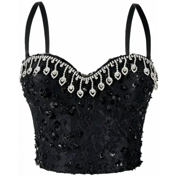 Strass femme haut Corset femmes Camis discothèque perles court poitrine liant Sexy Camisole Mujer Li