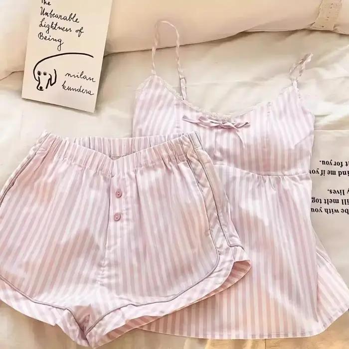 Ensemble de pyjama mignon et doux à nœud papillon, sans manches, coupe ample, deux pièces, bretelles