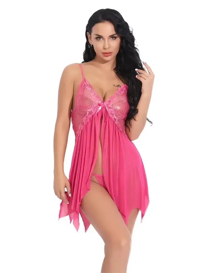 Chemises de nuit en maille et dentelle rose, vêtements de nuit pour femmes, Lingerie Sexy, nuisette 