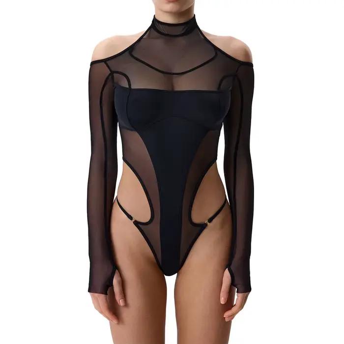 Lingerie féminine : Chemises de nuit, Bodys, Teddy, Babydoll en résille transparente à épaules dénud