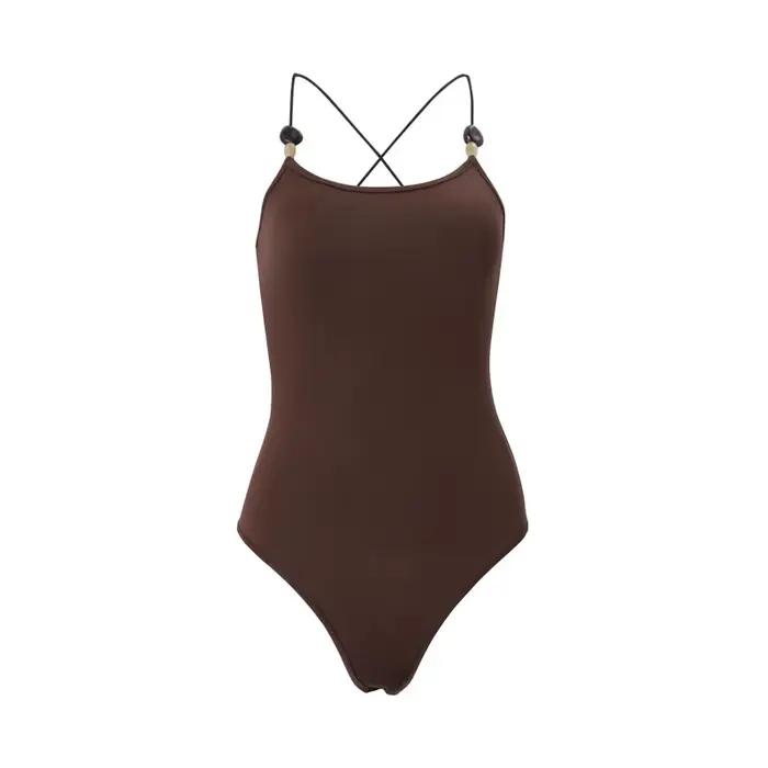Shestyle Body marron à fines bretelles pour femme, sans manches, uni, coupe ajustée, style basique, 