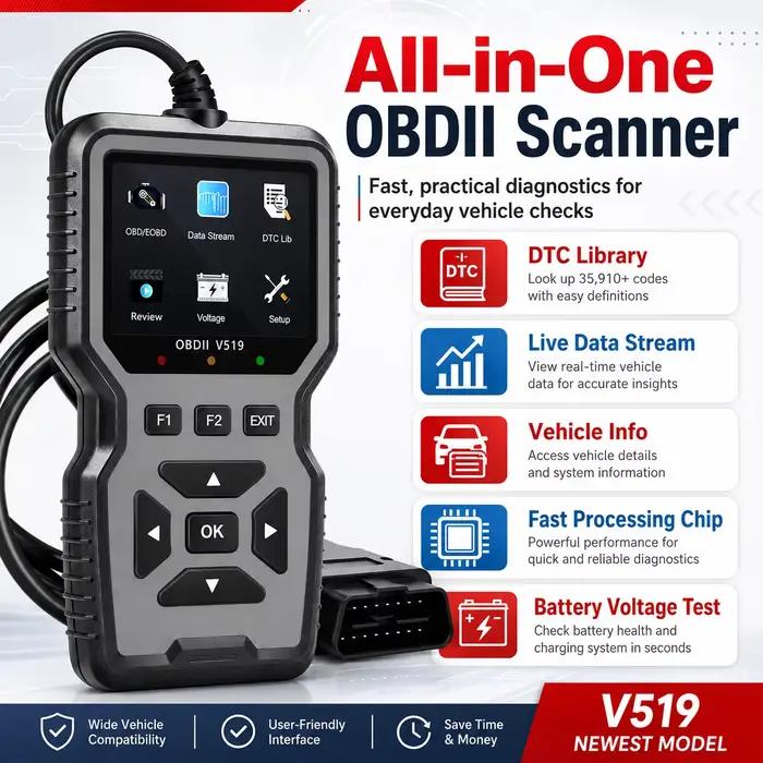 2026 V519 Scanner OBD2 Professionnel Alimenté par USB, Outil de Diagnostic Automobile, Lecteur et Ef