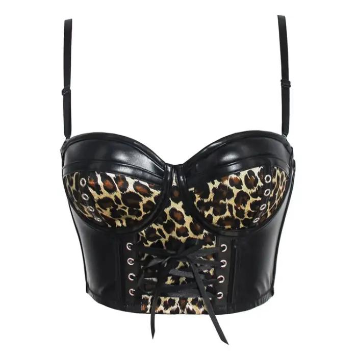 Corset court en similicuir léopard pour femme, bustier avec bretelles, soutien-gorge gothique push-u