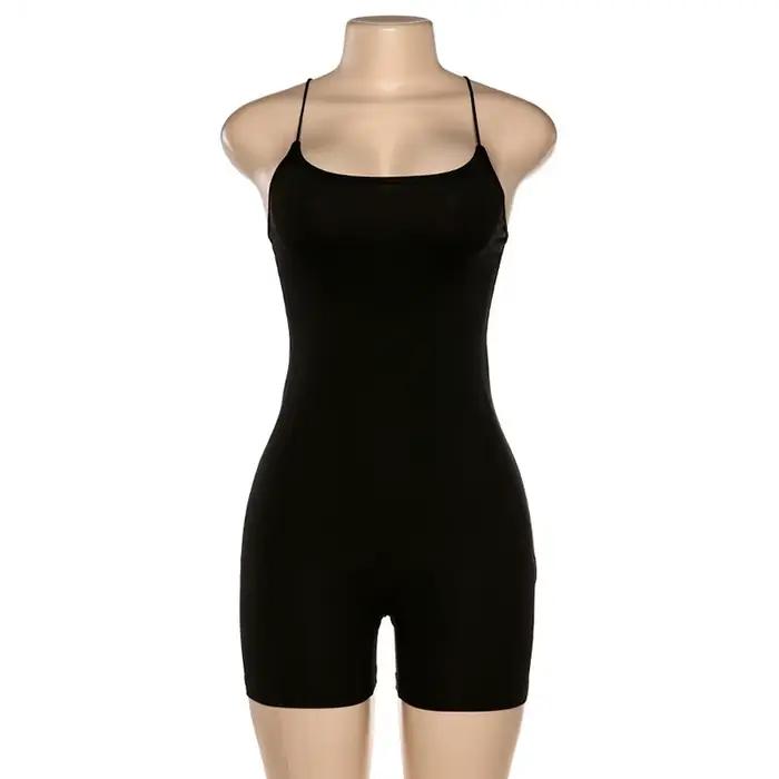 Noir slim Spaghetti sangle sans manches rue femme barboteuses bar club moulante body en combinaison 