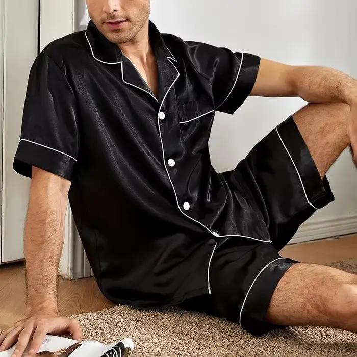 Ensemble pyjama à manches courtes pour hommes, chemise boutonnée avec poche, short, vêtements de dét