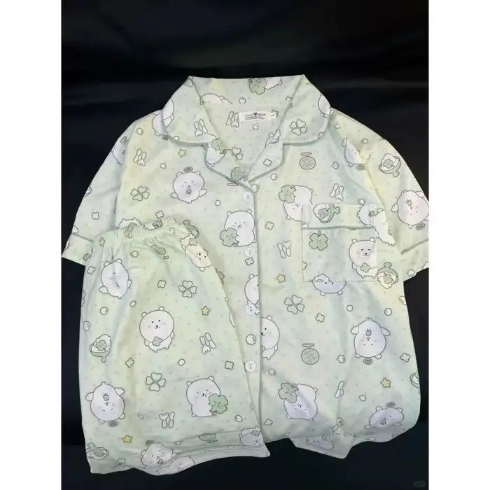Ensemble de pyjama en coton pour femmes Mameiji, motif à carreaux bleu, mignon dessin animé Tamagot 