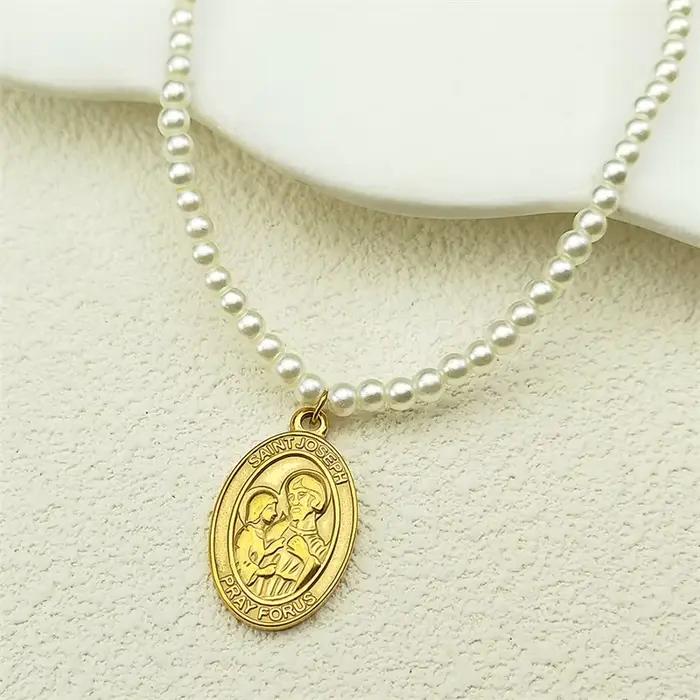 Saint Joseph prière pour nous pendentif collier pour femmes filles en acier inoxydable perle couleur