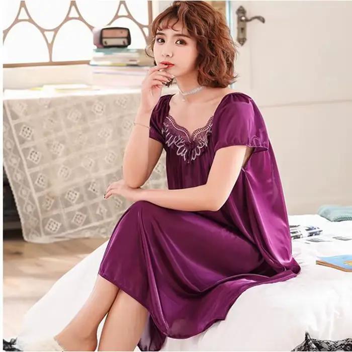 Chemise de nuit en dentelle à manches courtes pour femmes, chemise de nuit à col rond, vêtements de 