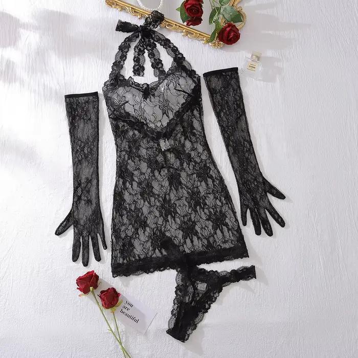 Ensemble de lingerie sexy en dentelle pour femme, robe dos nu en maille florale avec string et gants