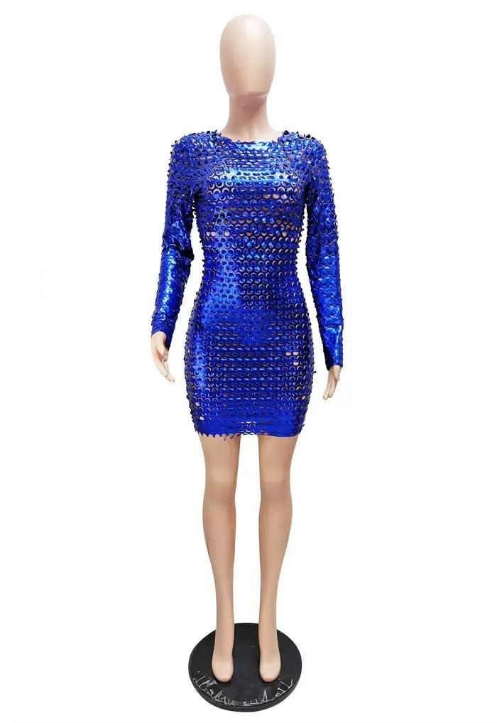 Mini robe courte à manches longues et col rond pour femmes, robes de soirée sexy, transparent, trou,