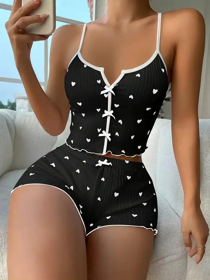 Ensemble pyjama Sexy imprimé cœur pour femmes, vêtements de nuit, col en v, sans manches, décontract