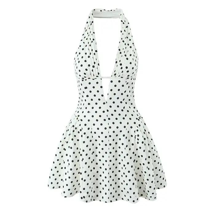 YENKYE-Robe trapèze dos nu à pois pour femmes, Mini robes, Robe d'été, Col licou en V profond, Mince