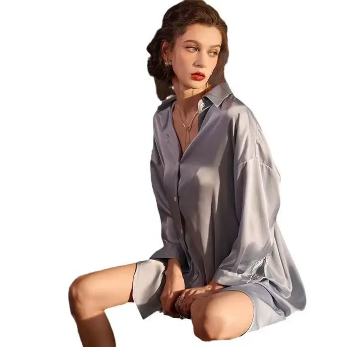Chemise de nuit en Satin pour femmes, chemise de nuit boutonnée, chemise de nuit en soie, col cranté