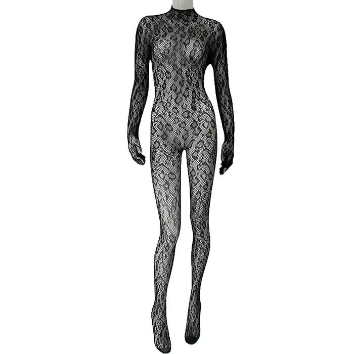 Body transparent en dentelle pour femmes, combinaison en résille à manches longues, élastique, pour 