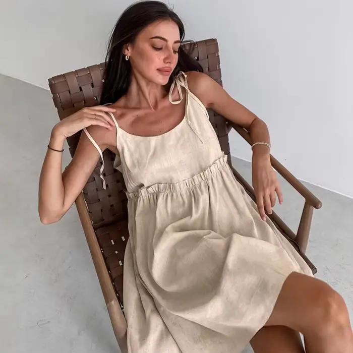 Chemise de nuit en lin et coton pour femme, robe de nuit camisole 1 pièce, respirante et douce, coup