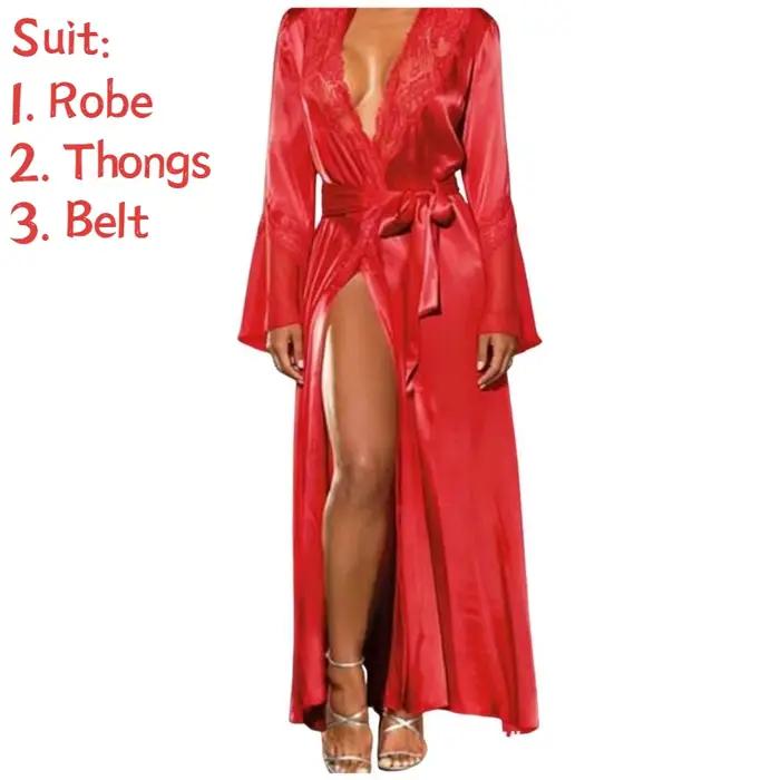 Ensemble de lingerie sexy 3 pièces pour femme, robe longue en dentelle rouge transparente avec ceint