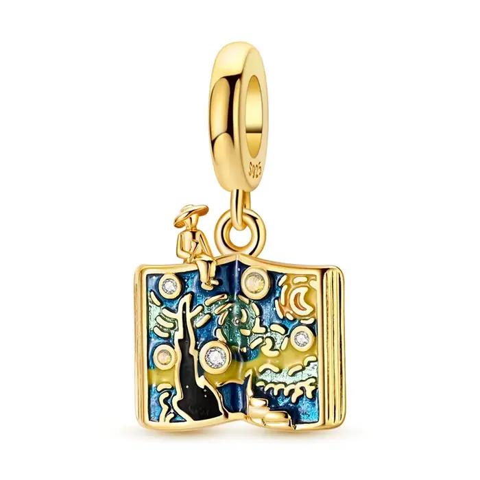 Breloque pendante Livre Nuit étoilée Van Gogh en Argent Sterling 925, Émail et Pierres CZ, Perle d'a