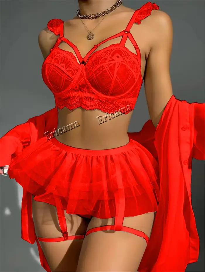 Ensemble de Lingerie Sexy en dentelle fantaisie pour femme, 3 pièces, sous-vêtements transparents po