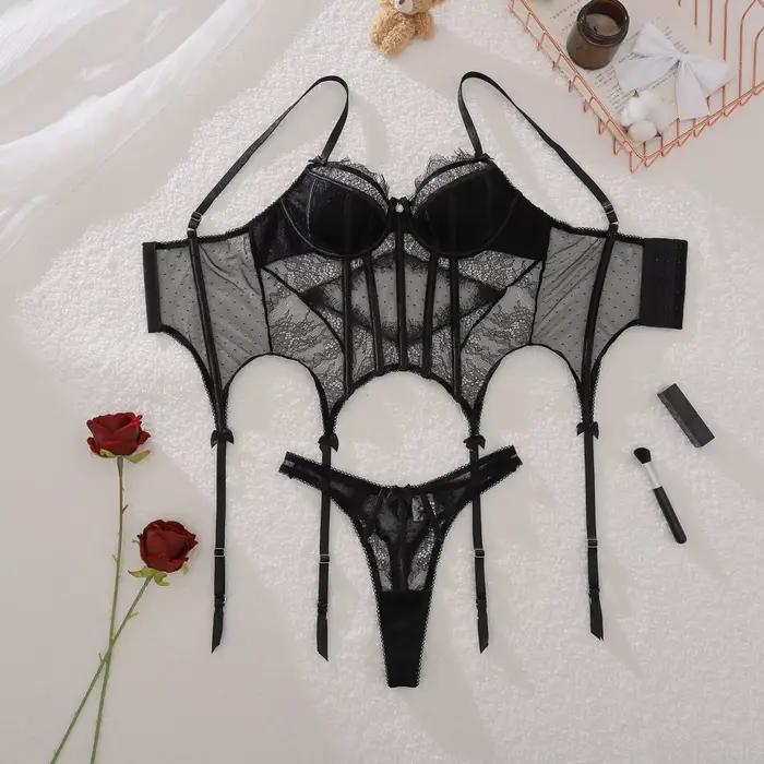 Lingerie sexy pour femmes, corset en dentelle à pois séduisant, ensemble 2 pièces, nœud papillon, so