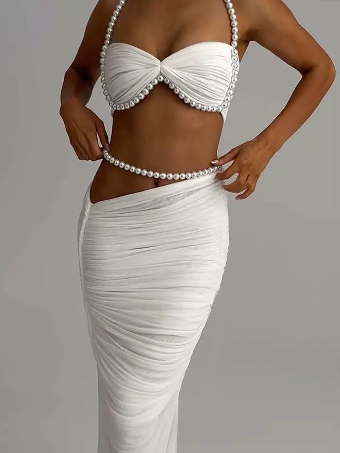 Kliou – ensemble 2 pièces avec décoration de perles pour femme, haut court à col licou + jupe longue