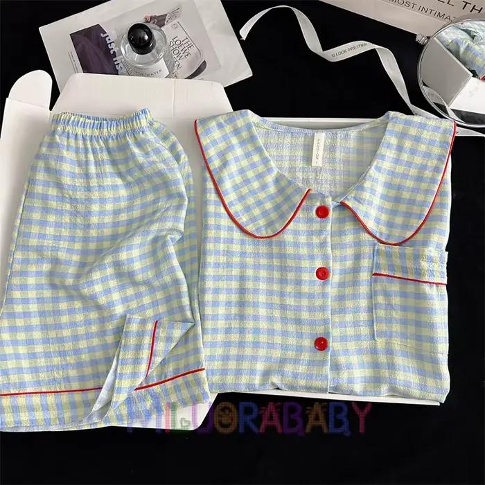 Ensemble pyjama d'été pour femmes, salon coréen, manches courtes, costume en crêpe à bulles, pyjama 