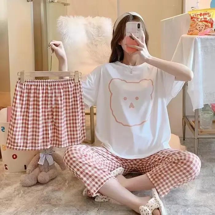 Pyjama trois pièces à manches courtes pour femmes, pyjama d'été pour femmes, version coréenne des ét