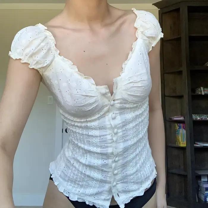 Esthétique blanc Corset haut des années 2000 T-Shirts dentelle garniture Harajuku Vintage bouton col