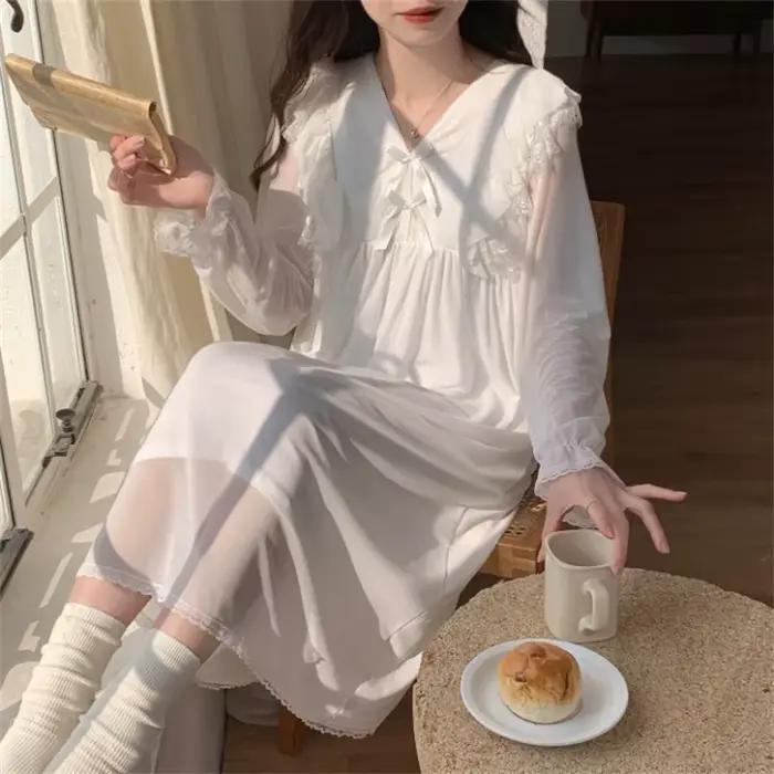 Princesse douce chemises de nuit femmes ample col en V à manches longues chemise de nuit automne hiv