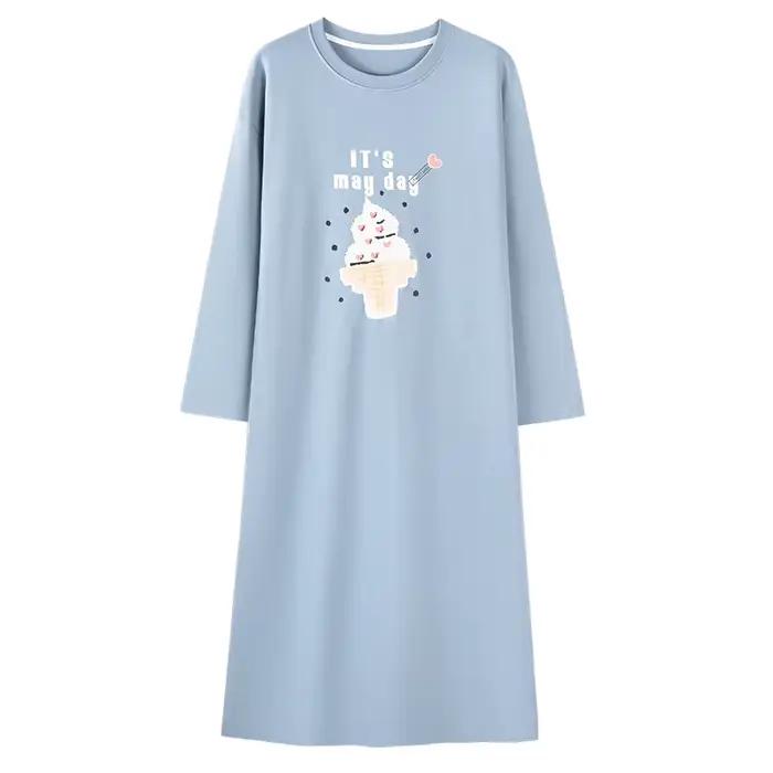 Nouvelle Robe de Nuit à Manches Longues pour Femmes, 100% Coton, Motif Cartoon Mignon, Vêtement de N
