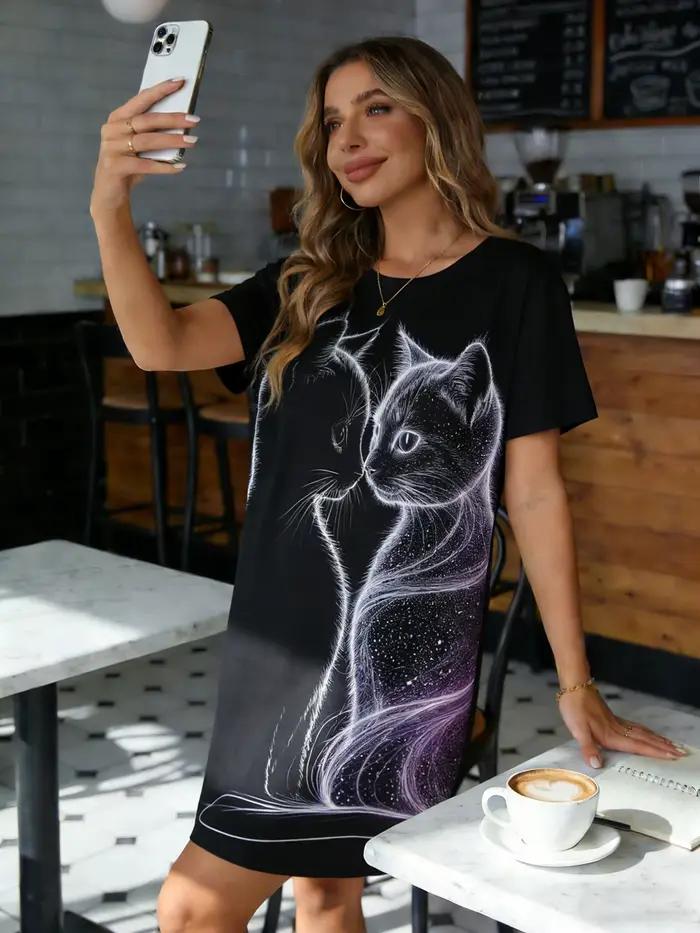 Chemise de nuit pour femmes, col rond, manches courtes, printemps-été, imprimé chat galaxie rêveur