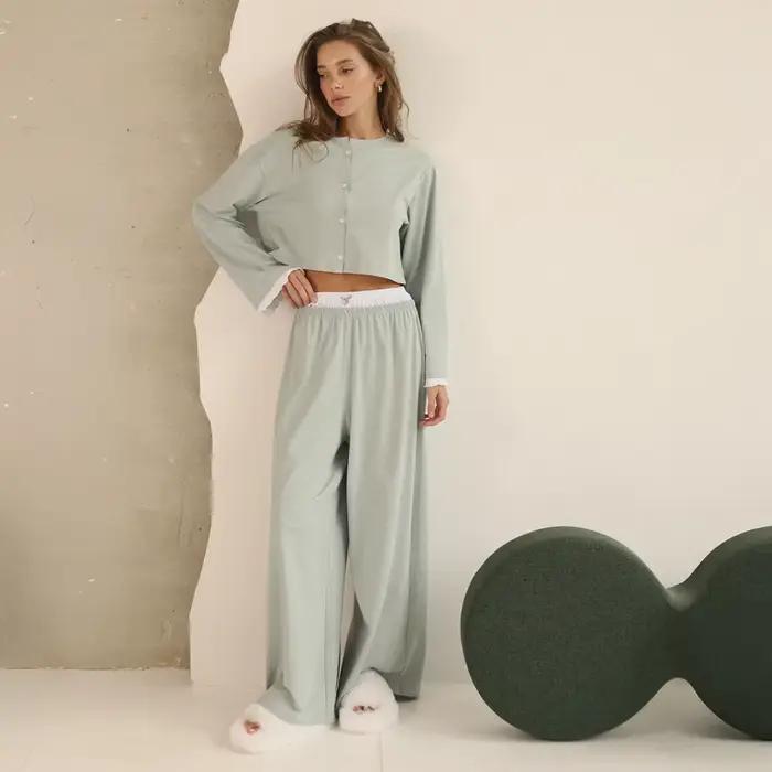 Faux deux pièces à manches longues et pantalon, ensemble Cardigan, vêtements de maison pour femmes, 