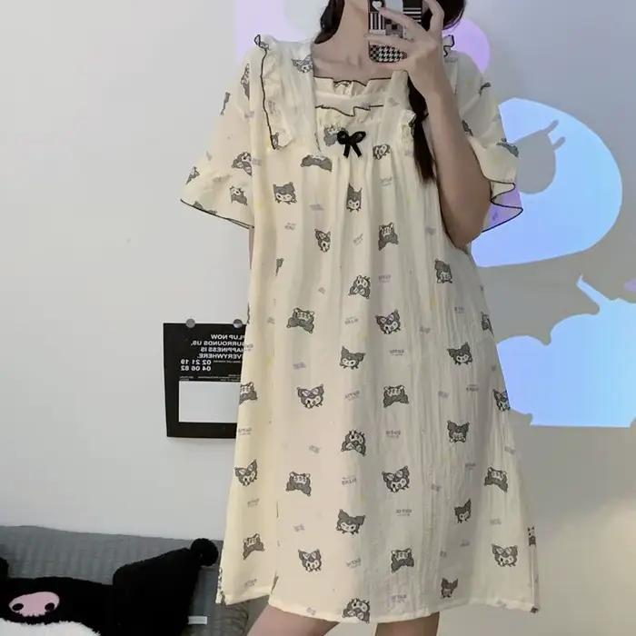 Chemise de nuit Sanrio Hello Kitty en coton pour femmes et étudiantes, tenue décontractée pour la ma