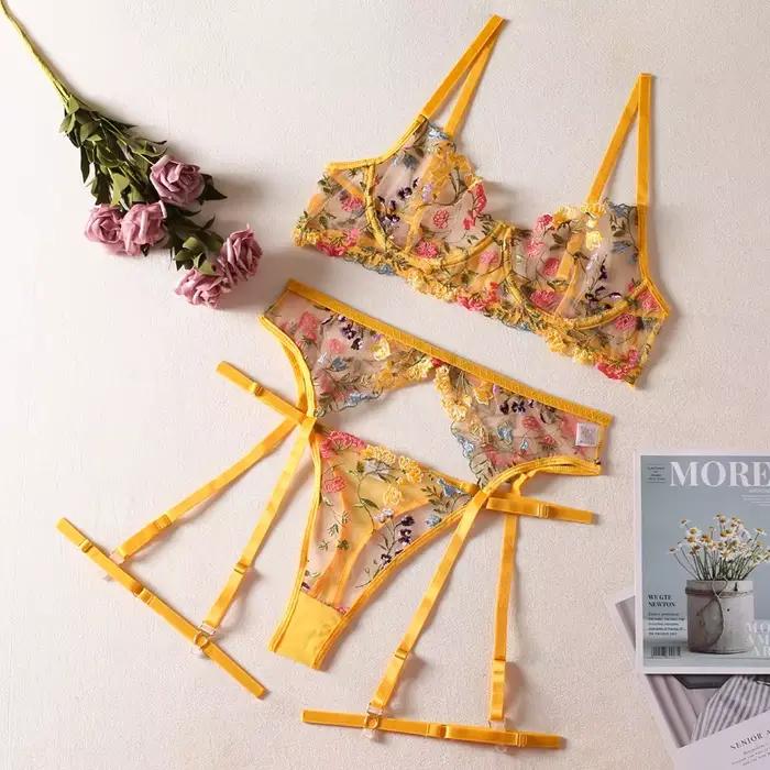 Soutien-gorge à fleurs pastorale jaune transparent, jarretelles, dos en T, ensemble trois pièces ave
