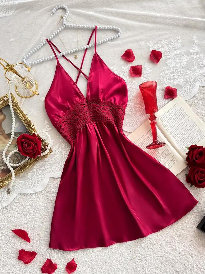 Chemise de nuit sexy à dos croisé pour femme, col en V, dentelle ajourée, pyjama pour la maison