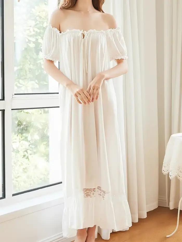 Chemise de nuit blanche à volants en coton pour femmes, vêtements de nuit dégradés, manches courtes,