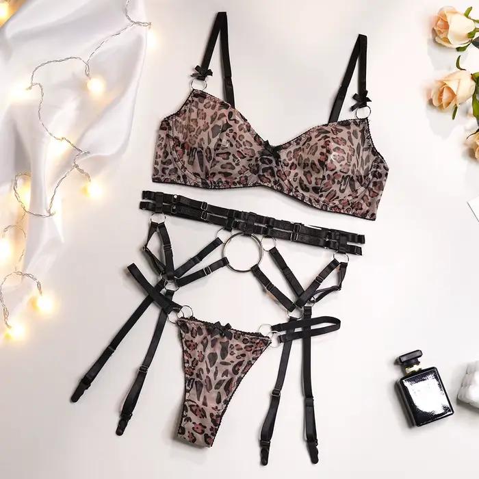 Ensemble de lingerie trois pièces imprimé léopard sauvage, bikini transparent, mode sexy, en stock