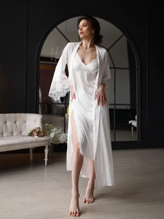 Ensemble de Nuisette et Peignoir en Soie Luxueux pour Femme, Ensemble de Peignoir en Soie, Lingerie 
