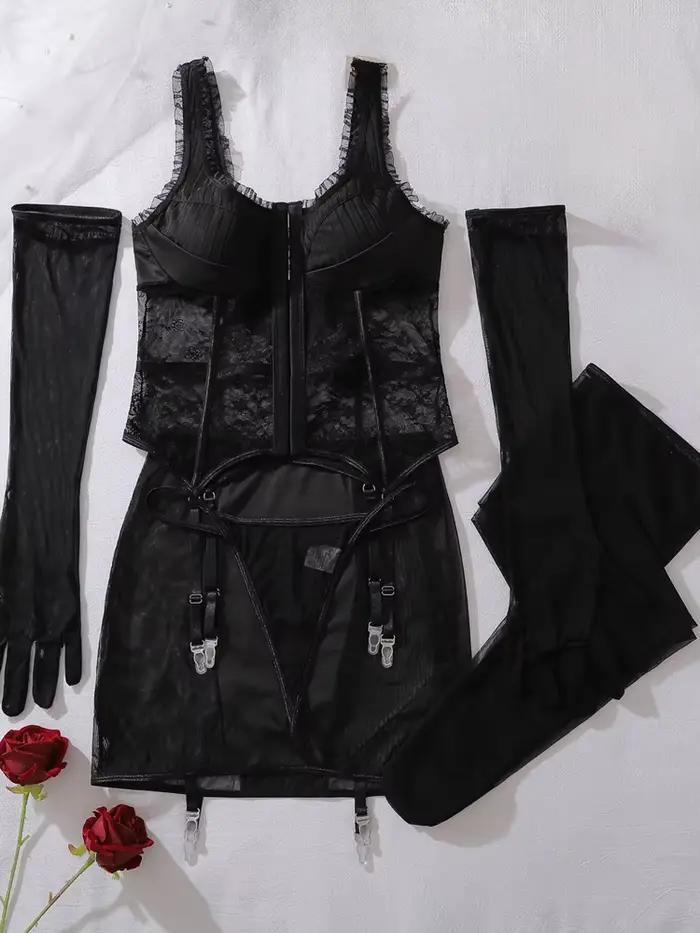 Ensemble de lingerie sexy en dentelle Belamimi 5 pièces avec mini-jupe crayon, ceinture, gants longs