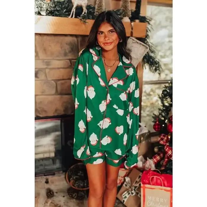 Homewear vêtements de détente père noël vêtements de nuit de noël tenues femmes Satin deux pièces en